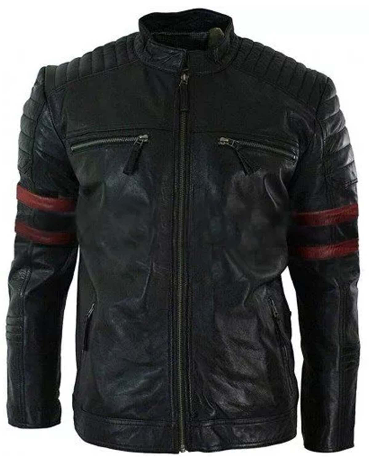 Mens Cafe Racer Retro Biker Red & Black Stripe Motorcycle Leather Jacket