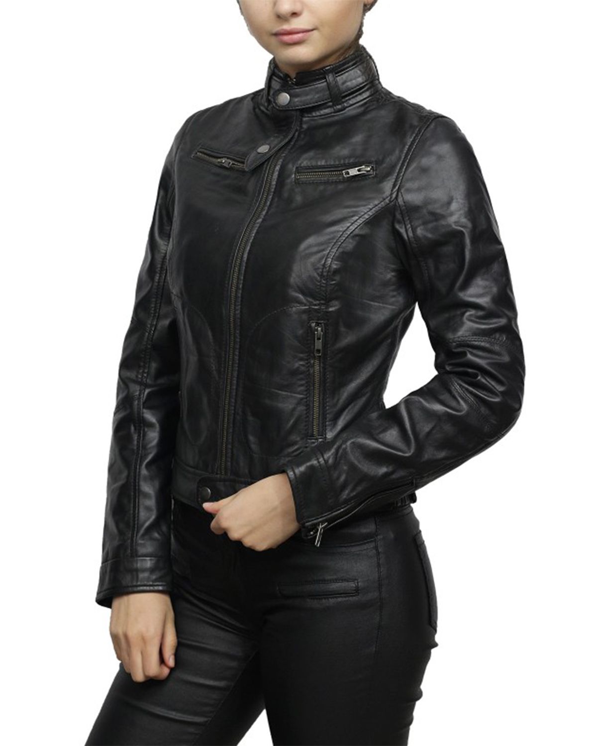 Womens Belted Collar Black Biker Jacket