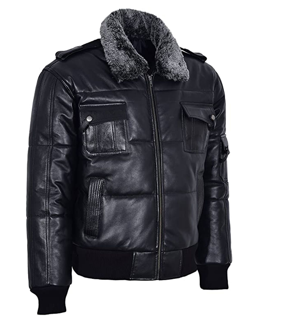 Mens Puffer Black Fur Collar Bomber Jacket