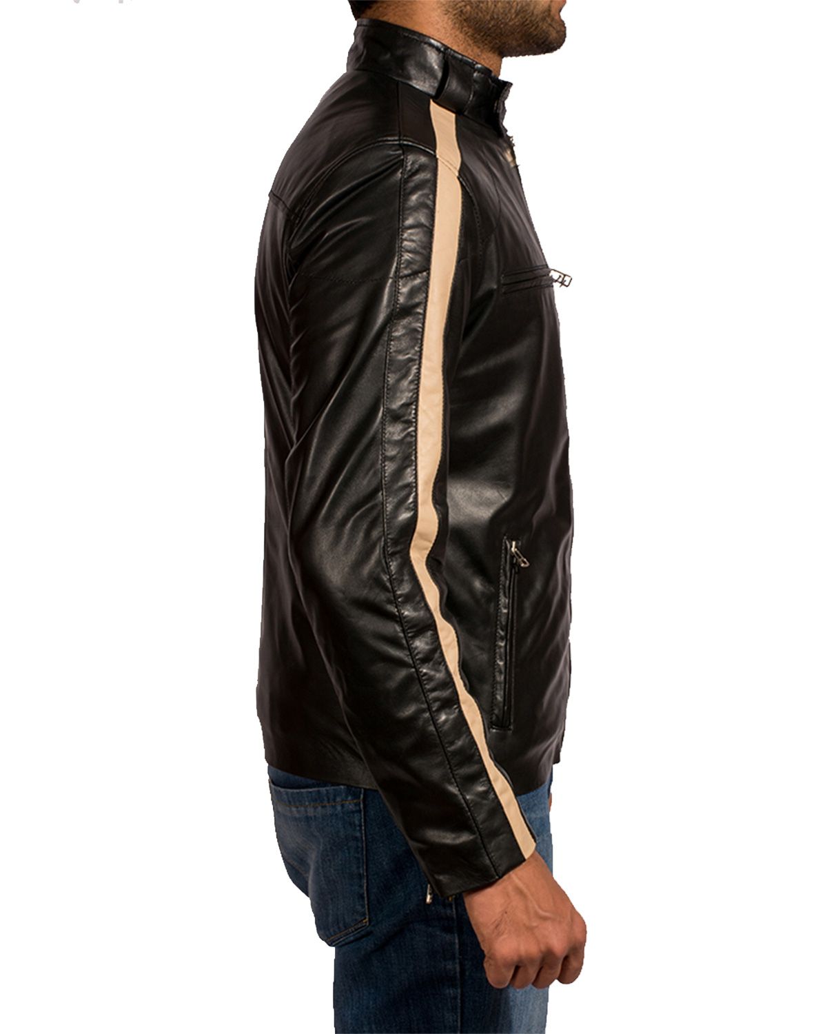Mens Creame Stripes Black Biker Leather Jacket