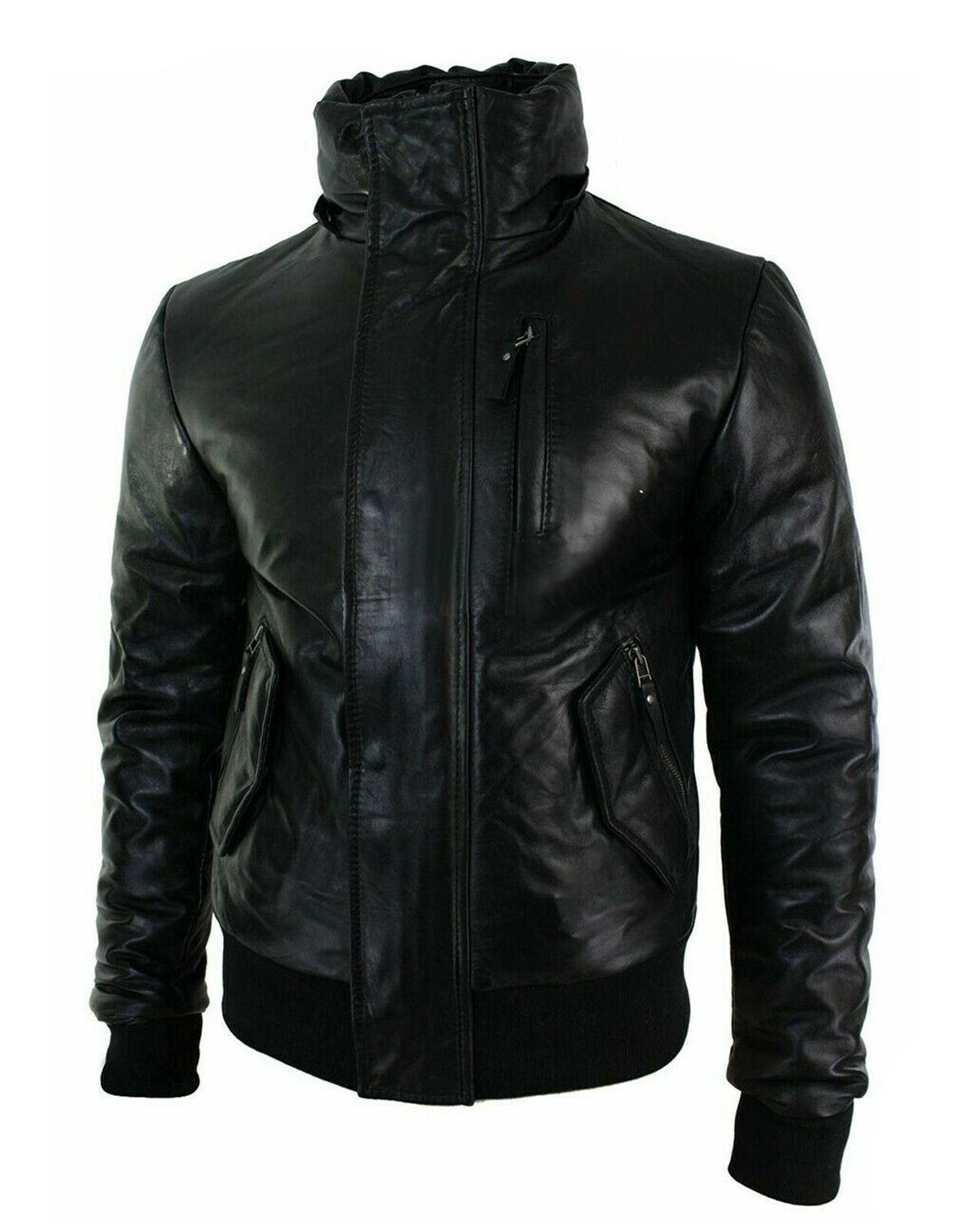 Mens Puffer Hooded Bomber Leather Jacket