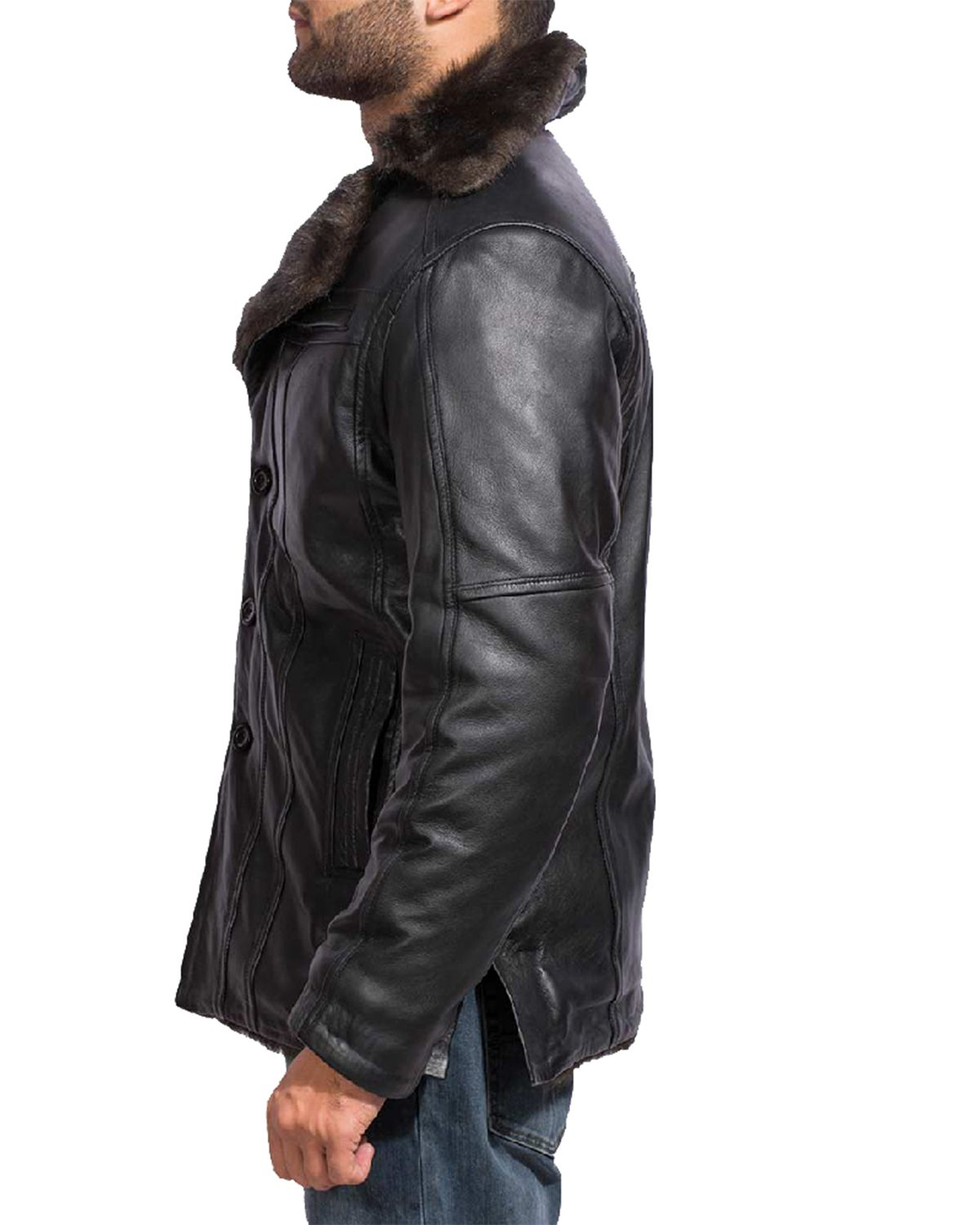 Mens Black Fur Collar Bomber Leather Jacket
