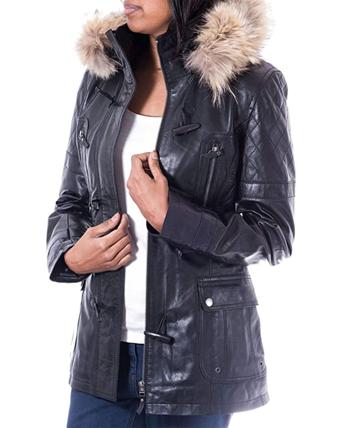 Womens Detachable Hooded Fur Collar Duffle Coat