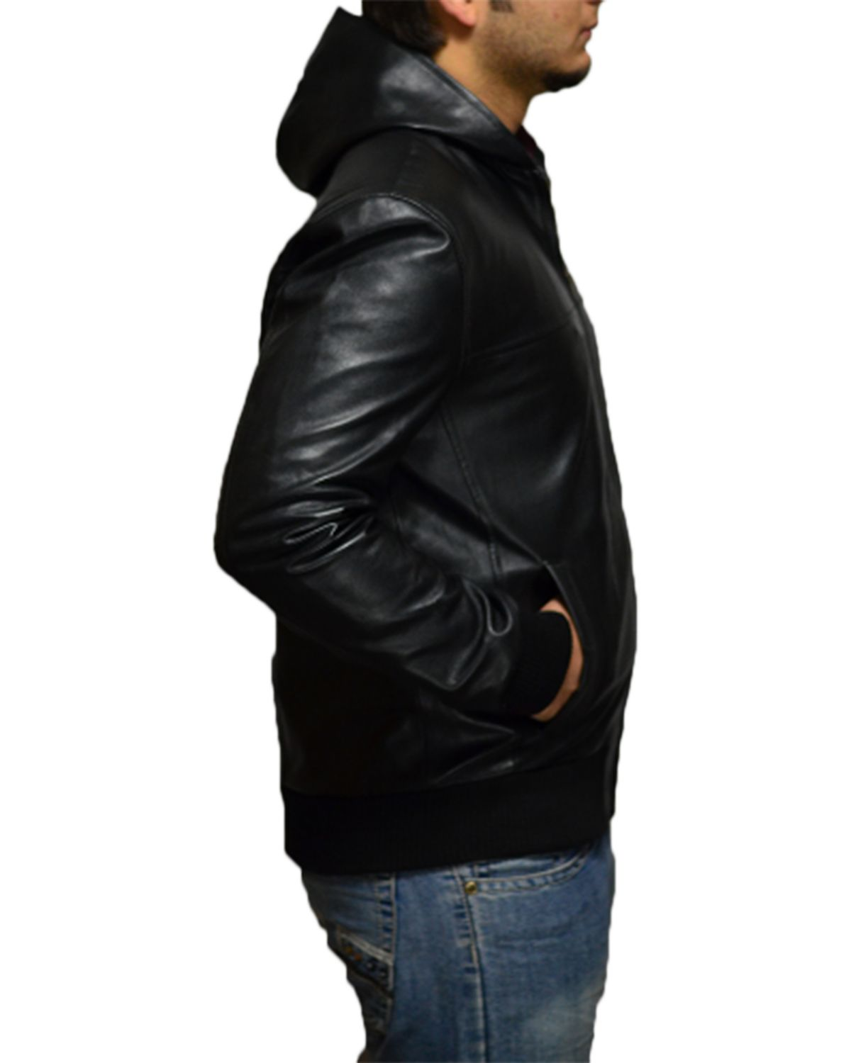 Mens Hooded Black Biker Real Sheepskin Leather Jacket