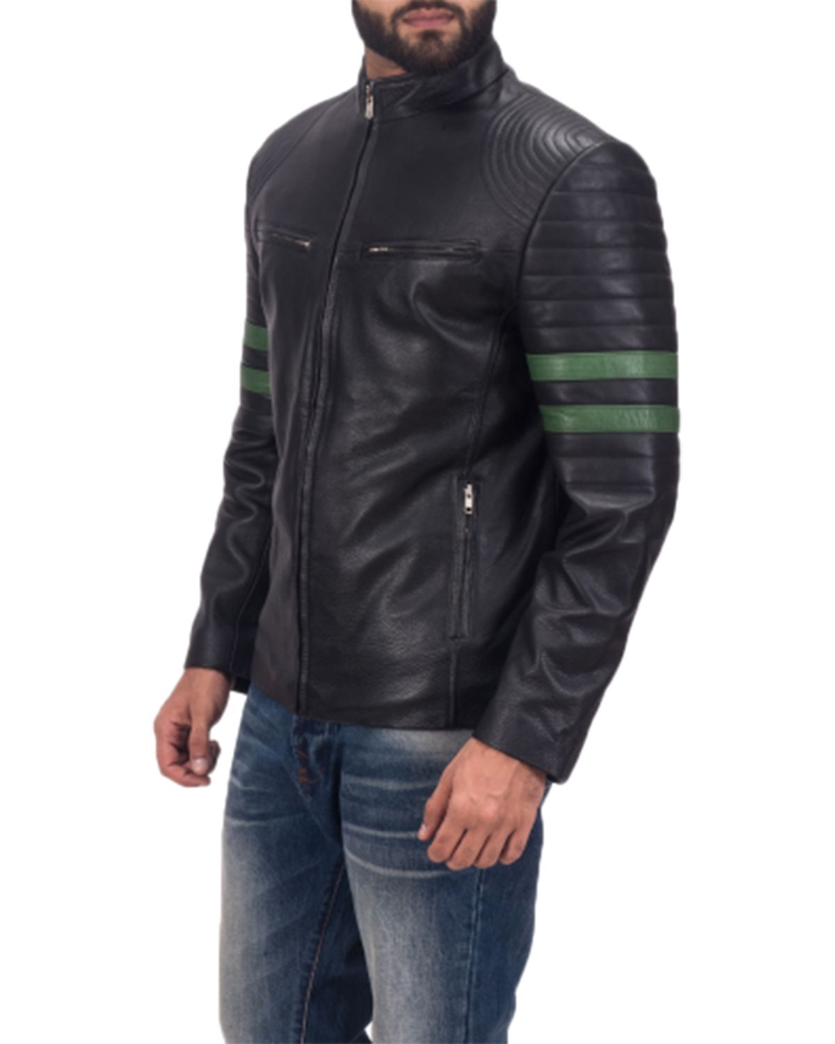 Mens Black Biker With Green Stripes Leather Jacket