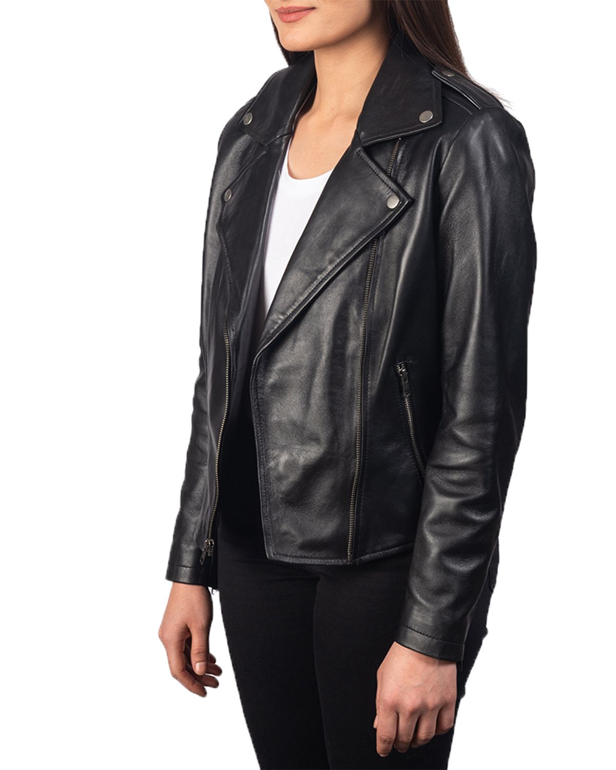 Womens Notch Collar Stylish Biker Leather Jacket