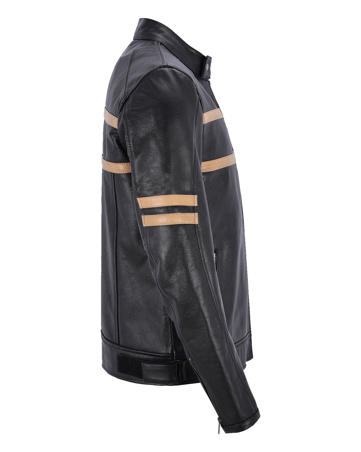 Mens Black With Beige Stripes Biker Motorcycle Leather Jacket