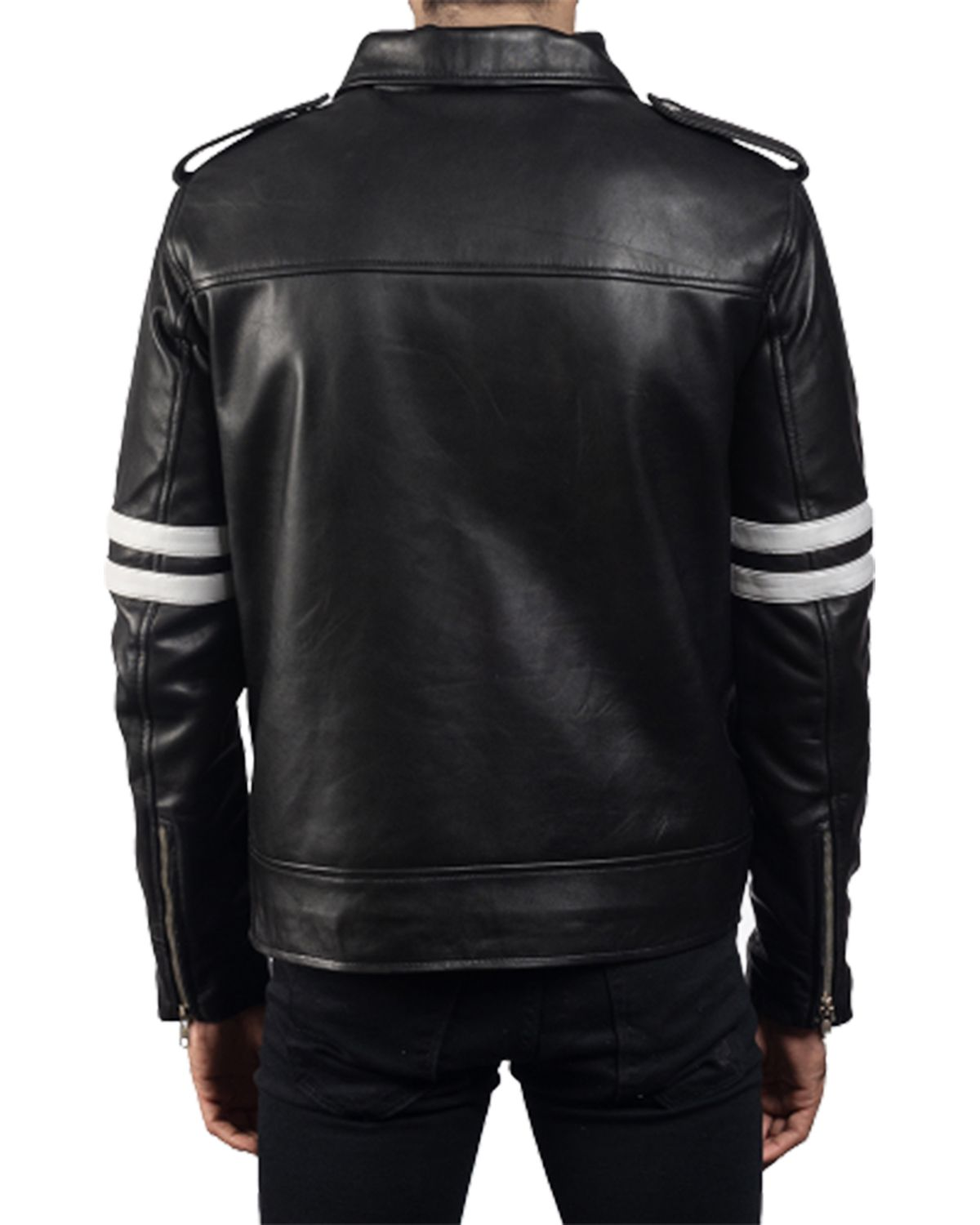 Mens Black Biker With White Stripes Leather Jacket