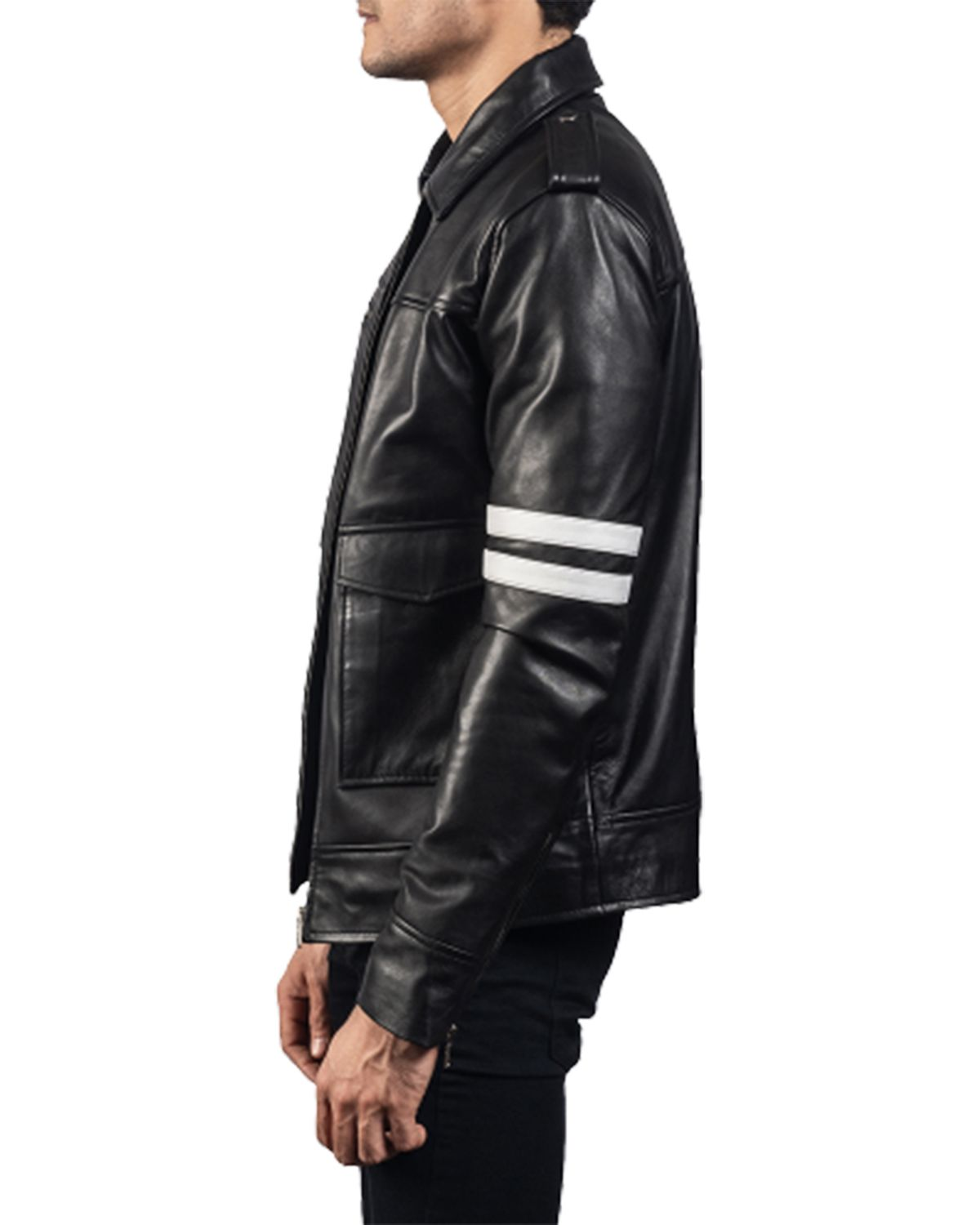 Mens Black Biker With White Stripes Leather Jacket