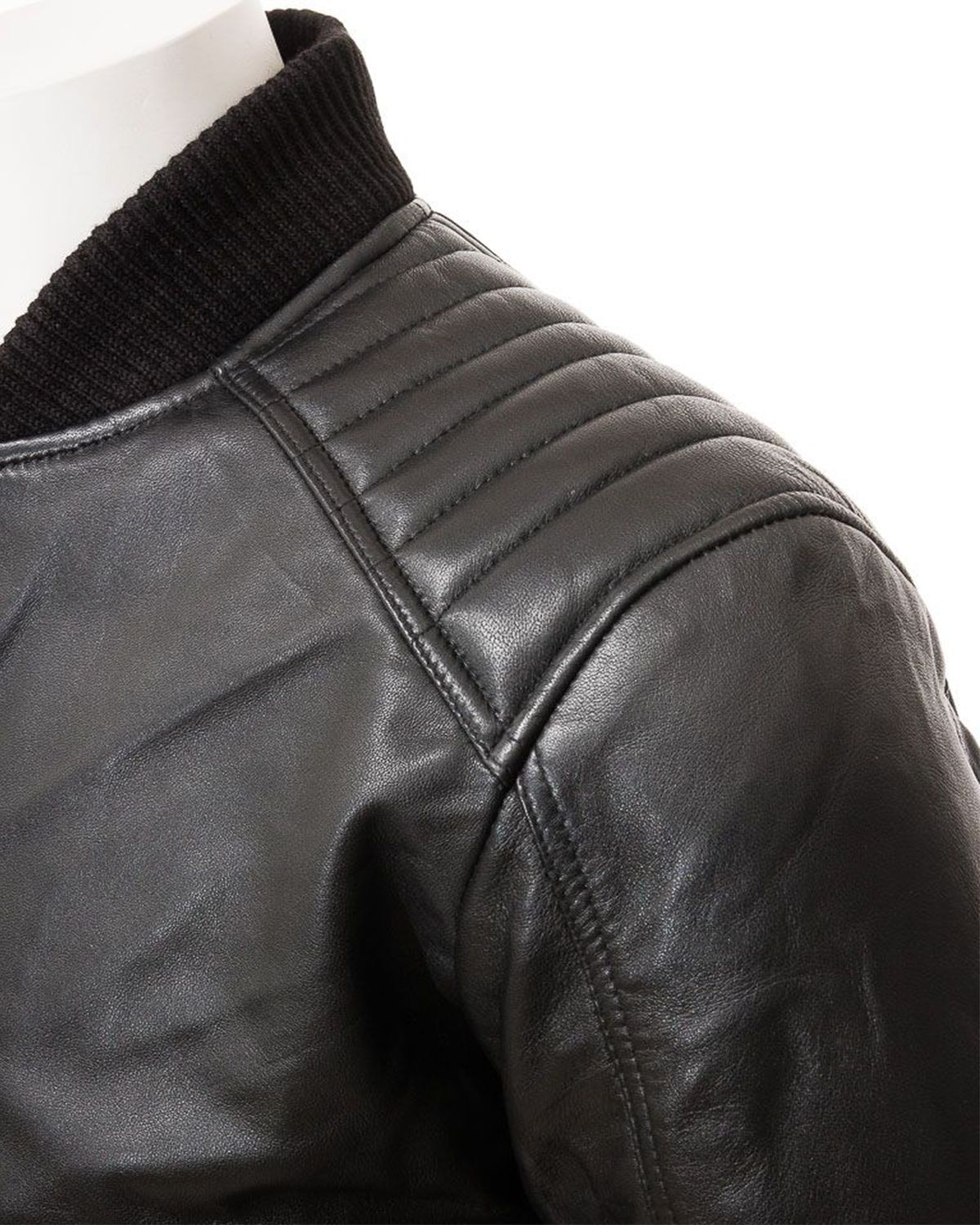 Mens Black Quilted Shoulder Bomber Leather Jacket