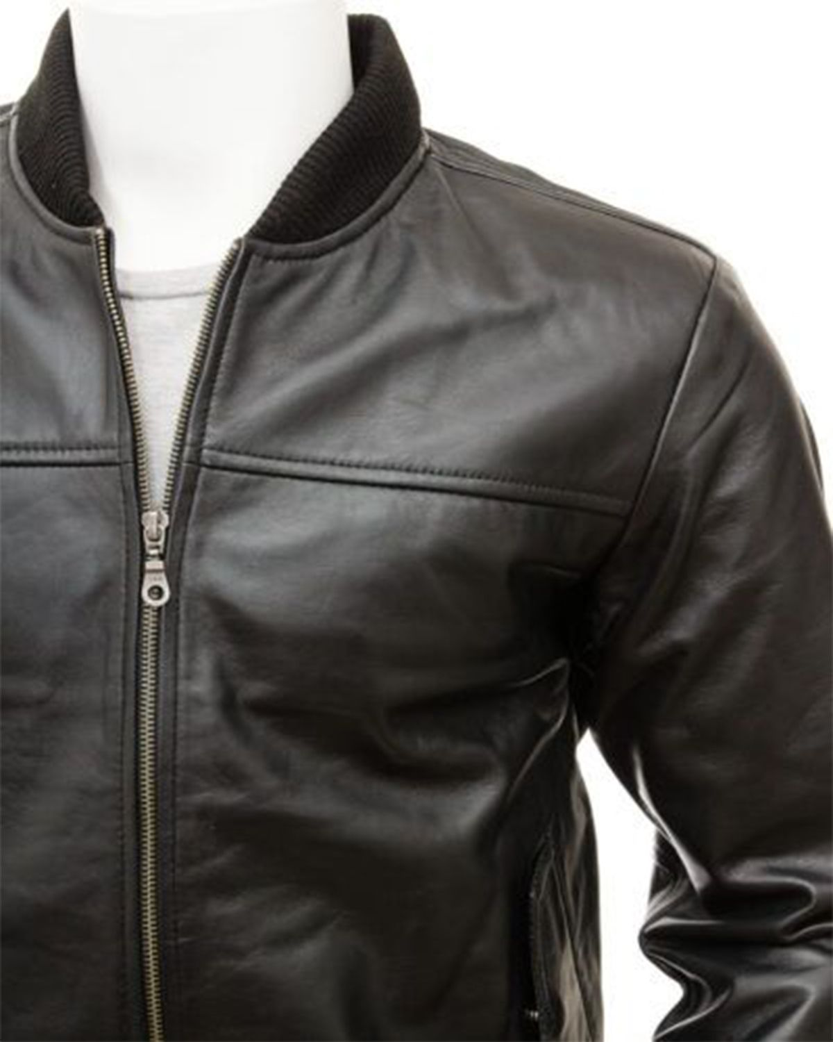 Mens Black Classic Leather Bomber Jacket