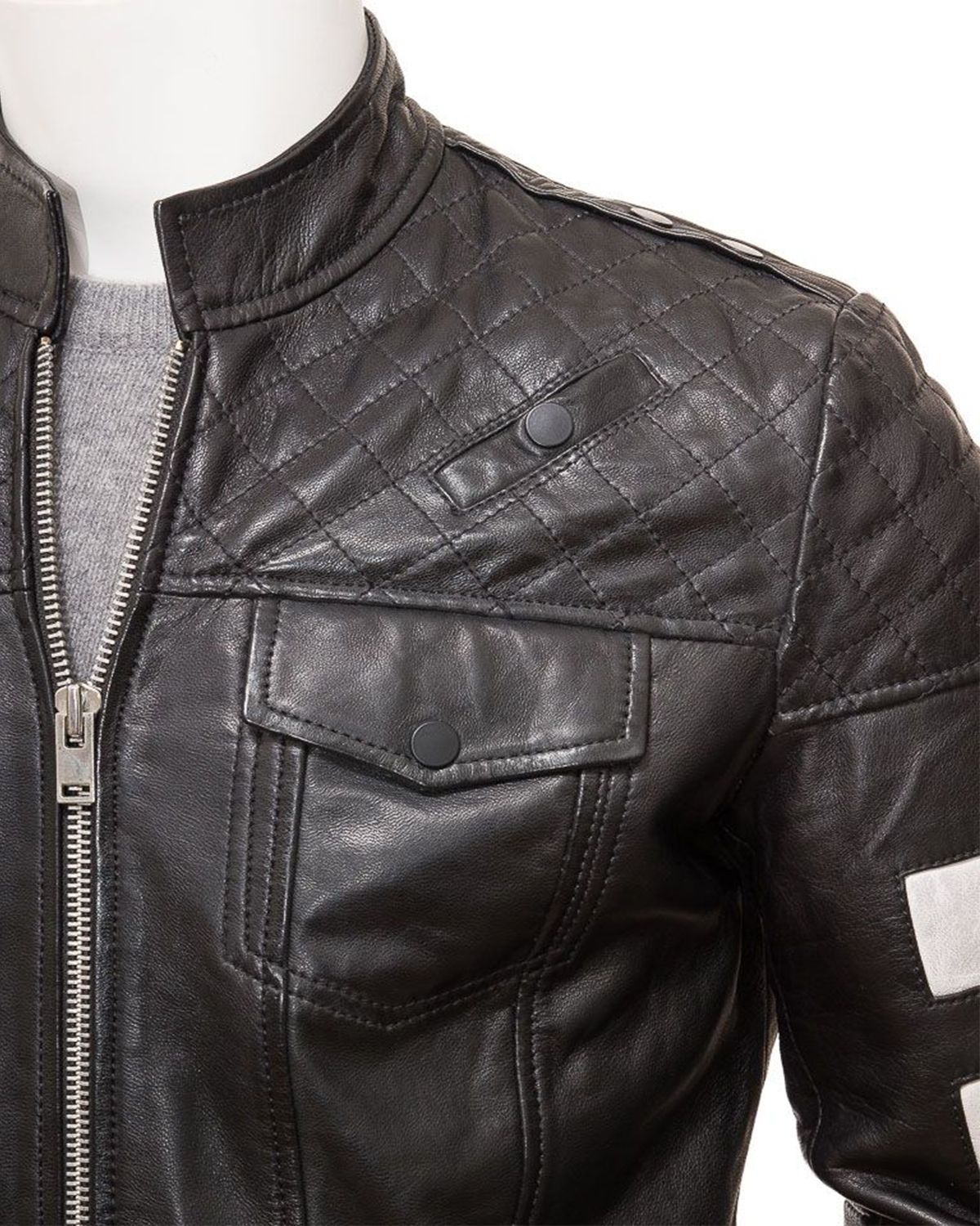 Mens Stand Collar Black Cafe Racer Biker Leather Jacket