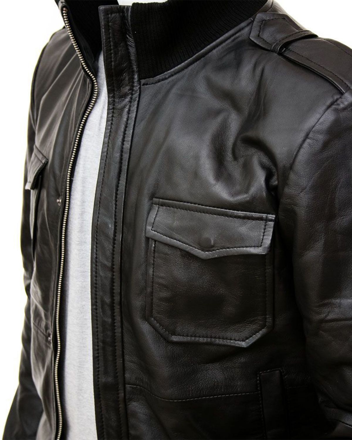 Mens Epaulettes Shoulder Stylish Bomber Leather Jacket