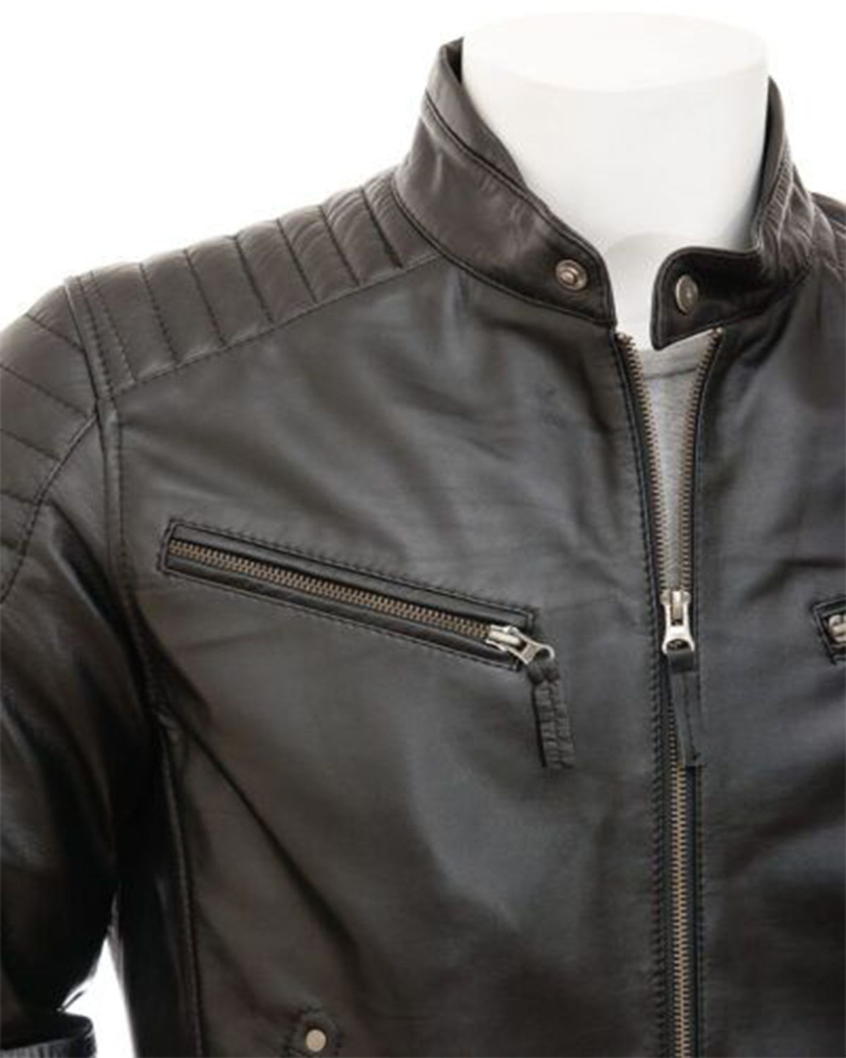 Mens Quilted Shoulder Classic Cafe Racer Motorcycle Jacket
