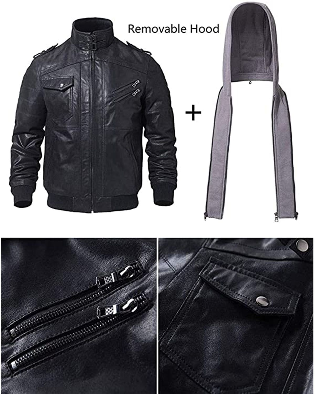 Mens Detachable Hooded Biker Motorcycle Leather Jacket