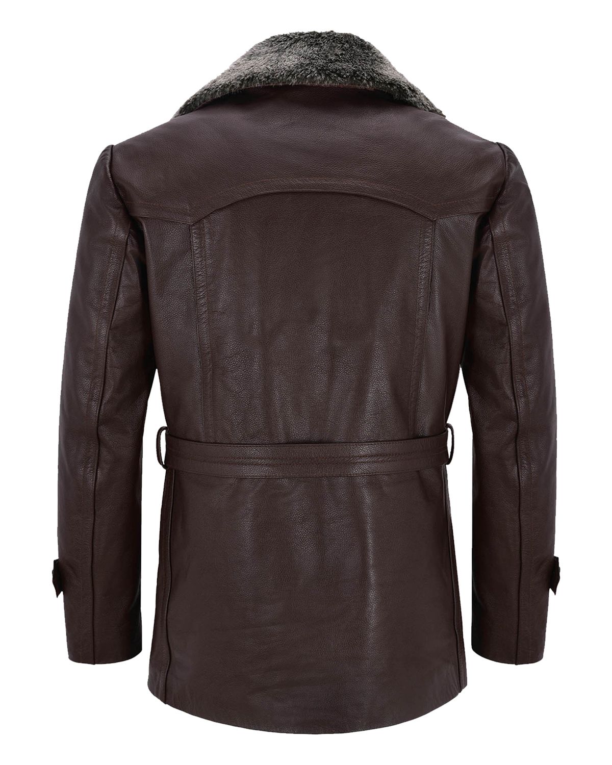 Mens German Real Leather Brown Peacoat Fur Collar