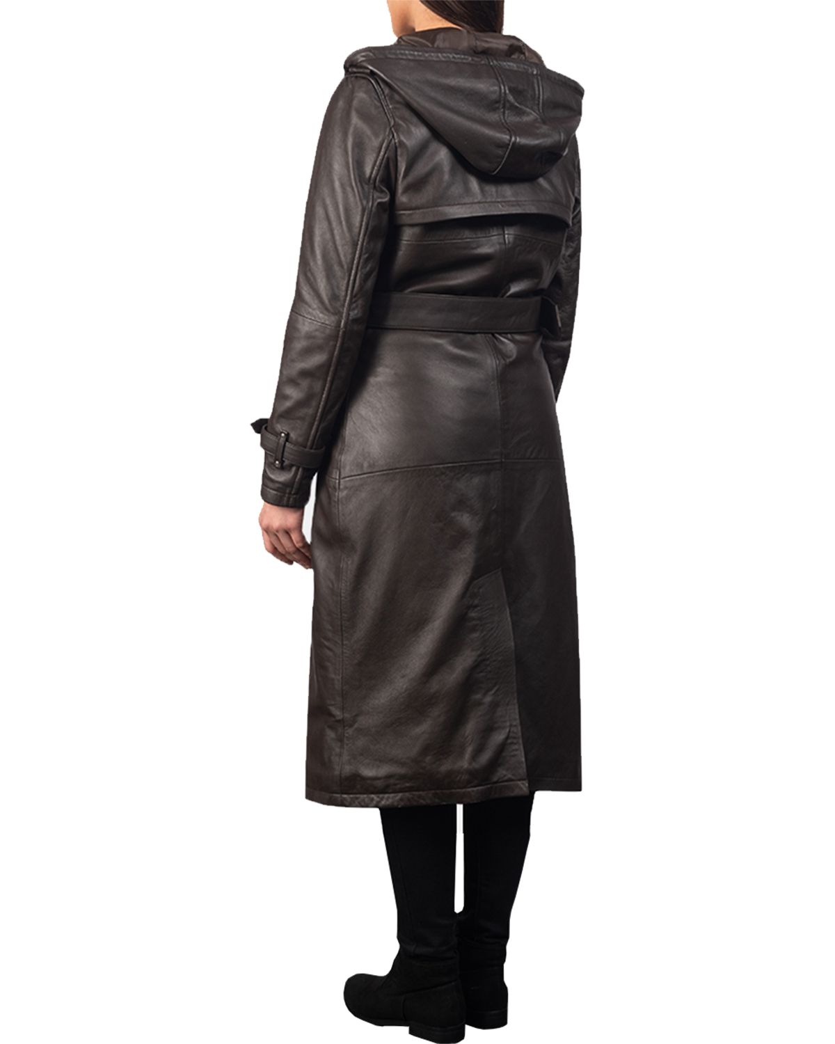 Womens Hooded Real Leather Long Trench Coat