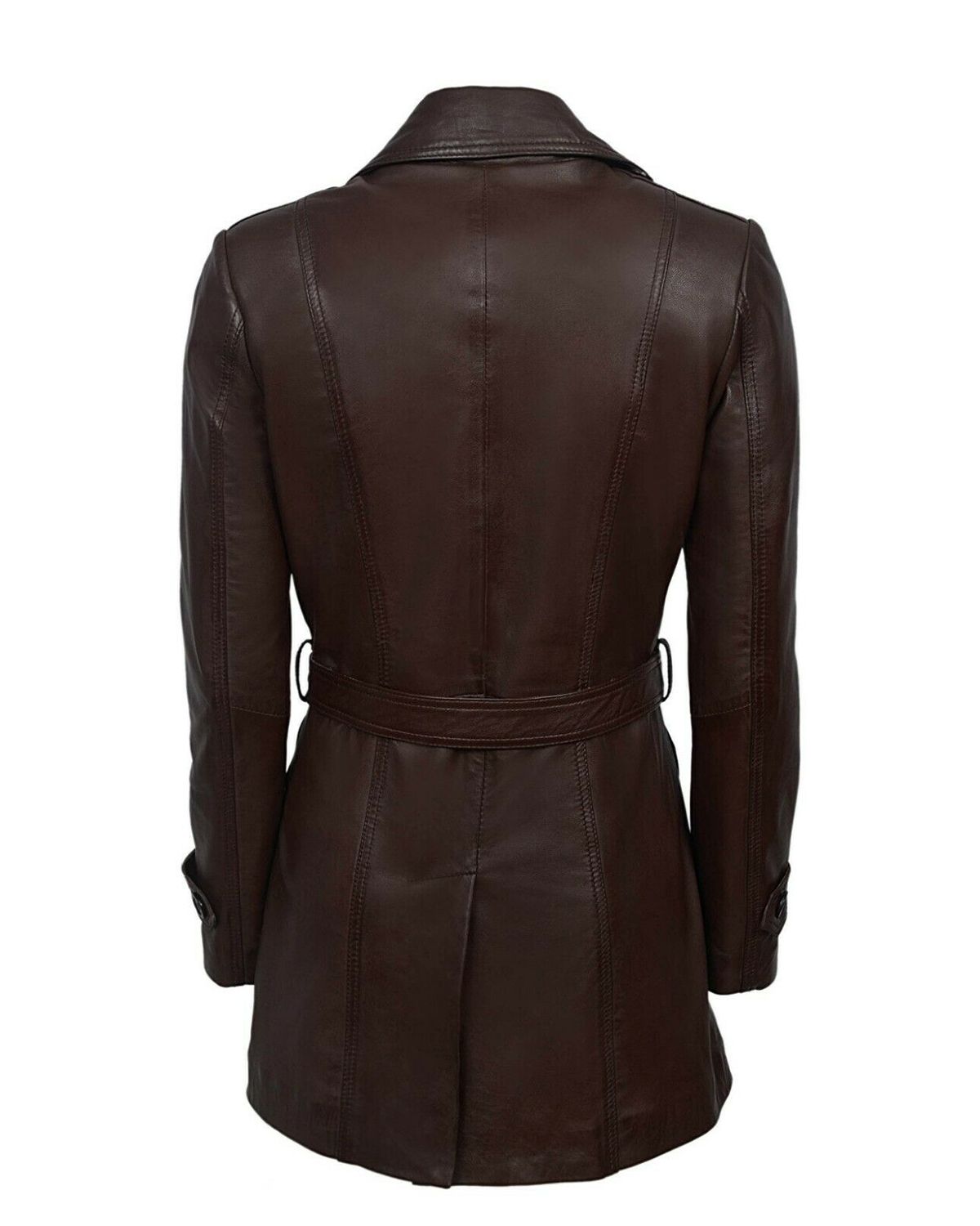 Womens Dark Brown Trench Belted Leather Coat