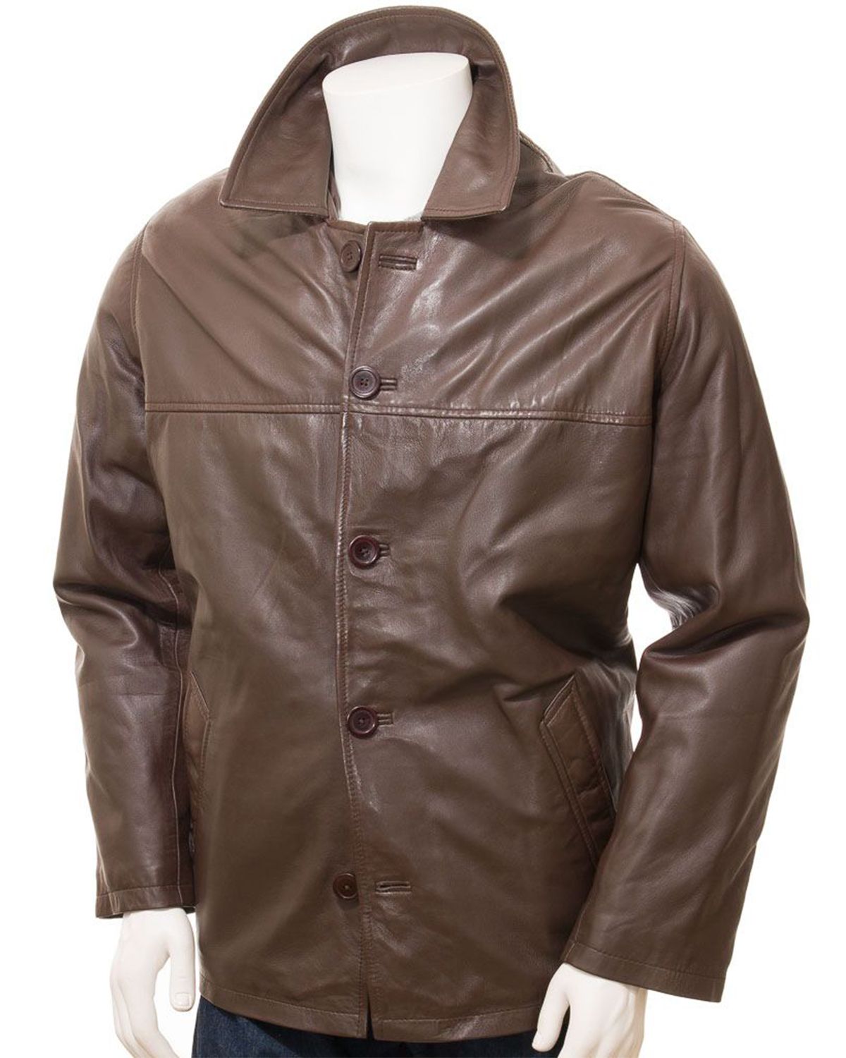 Mens Brown Reefer Style Genuine Sheepskin Leather Coat