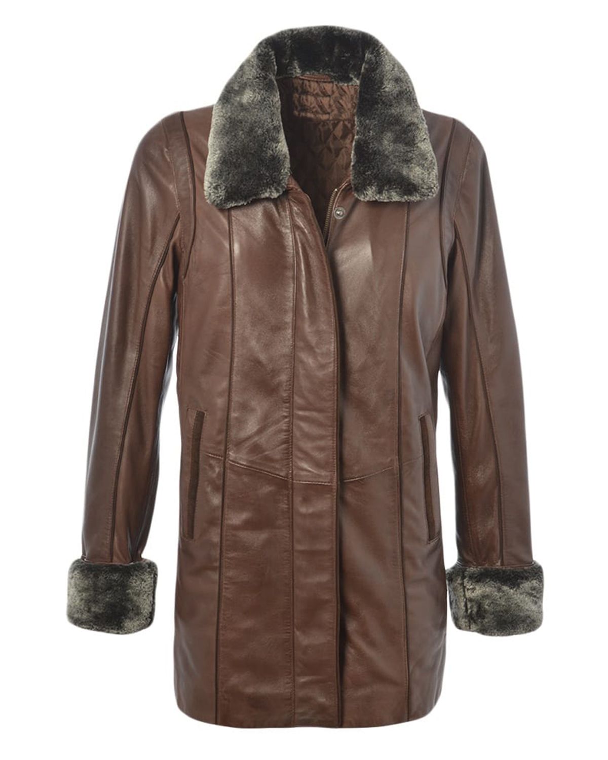 Womens Fur Collar Real Leather Coat