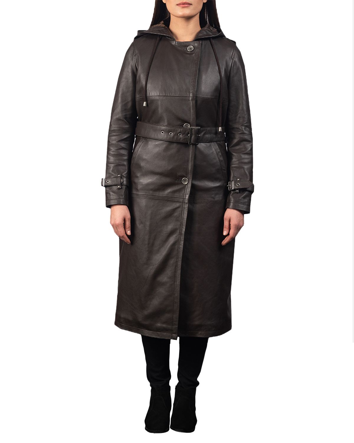 Womens Hooded Real Leather Long Trench Coat