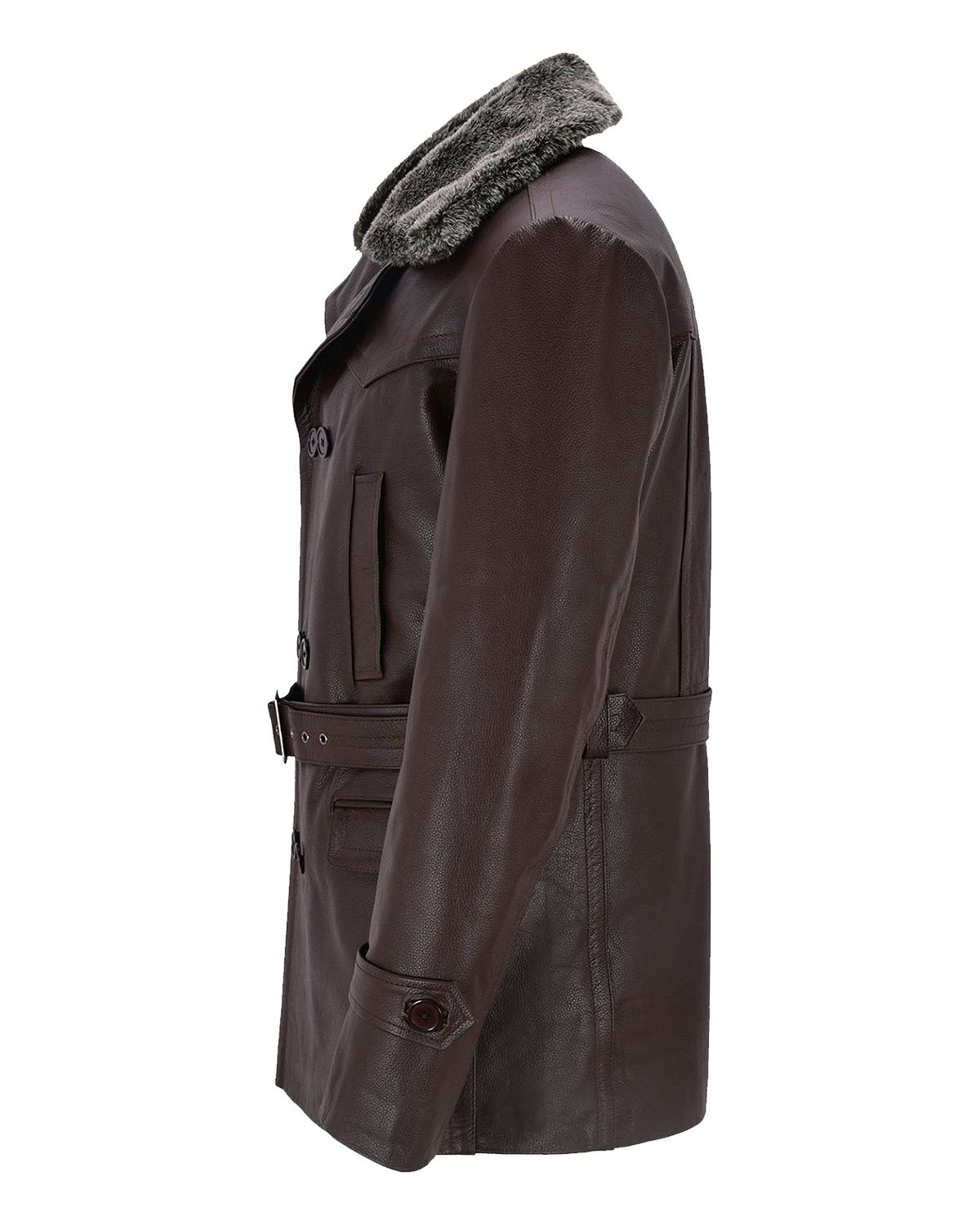 Mens German Real Leather Brown Peacoat Fur Collar