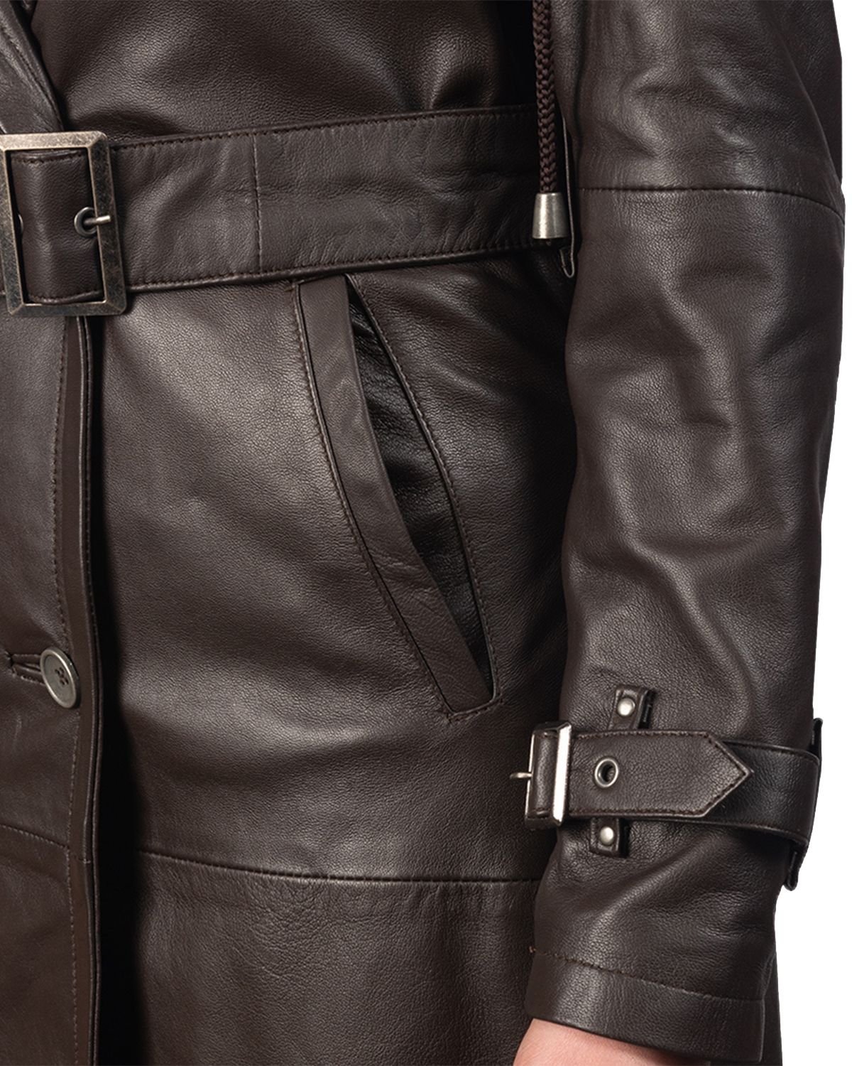 Womens Hooded Real Leather Long Trench Coat
