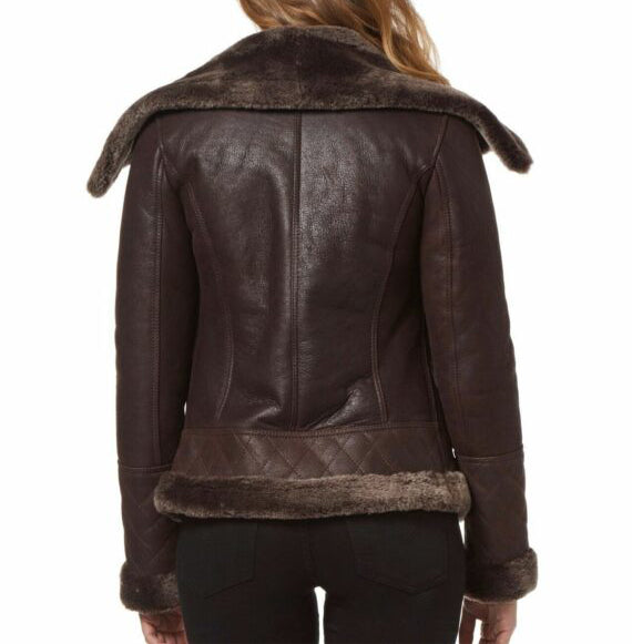 Womens Fur Shearling Stylish Brown Biker Jacket
