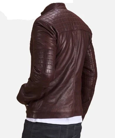 Mens Quilted Maroon Biker Leather Jacket