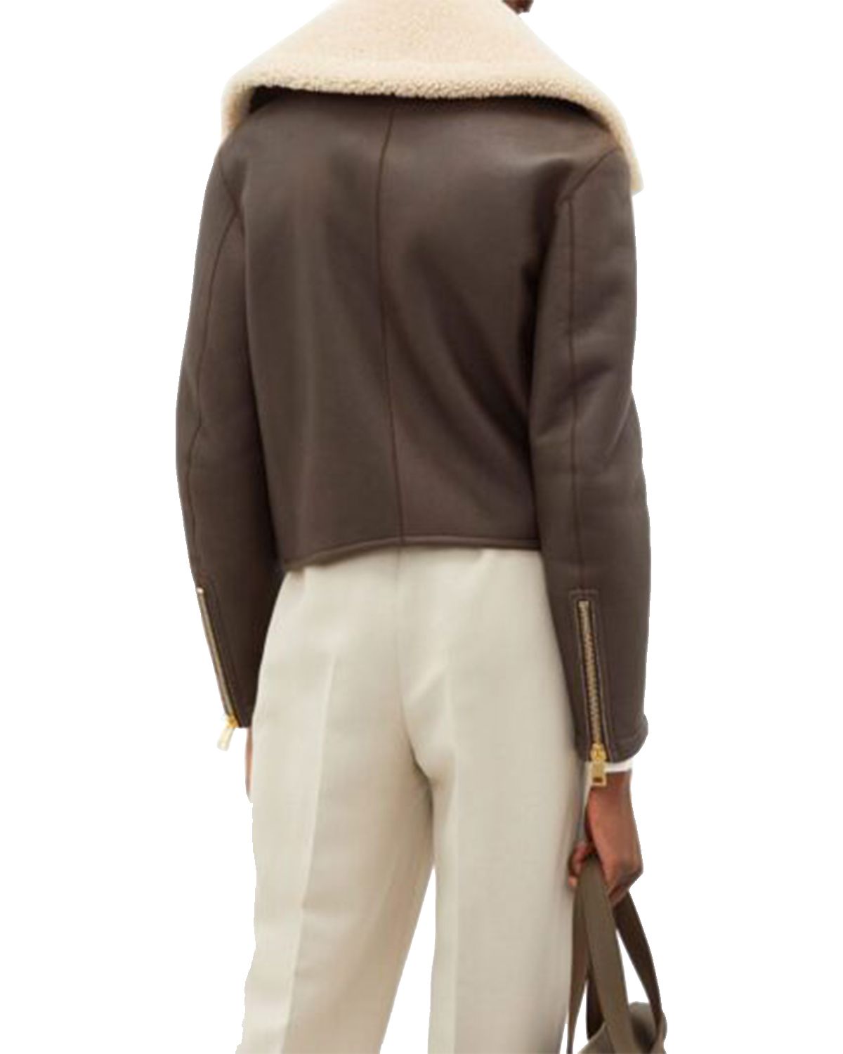 Womens Chocolate Brown Faux Shearling Real Sheepskin Leather Jacket