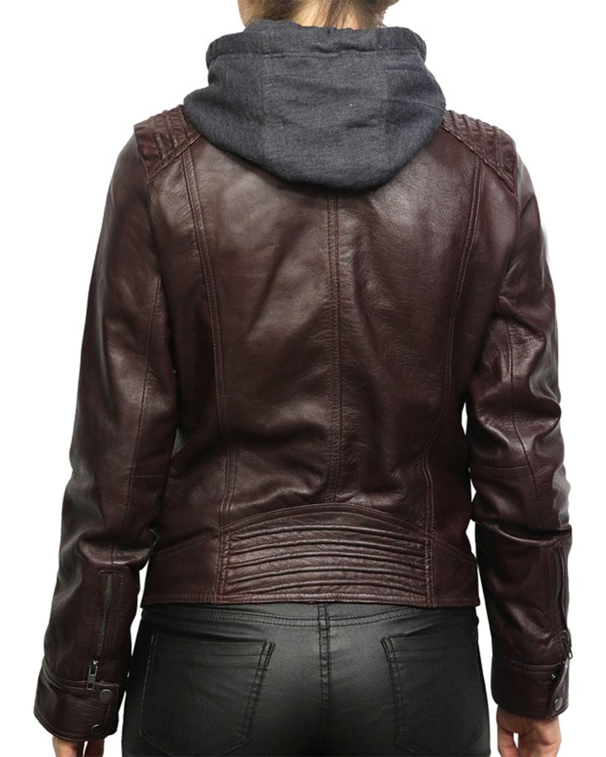 Womens Short Hooded Leather Biker Jacket