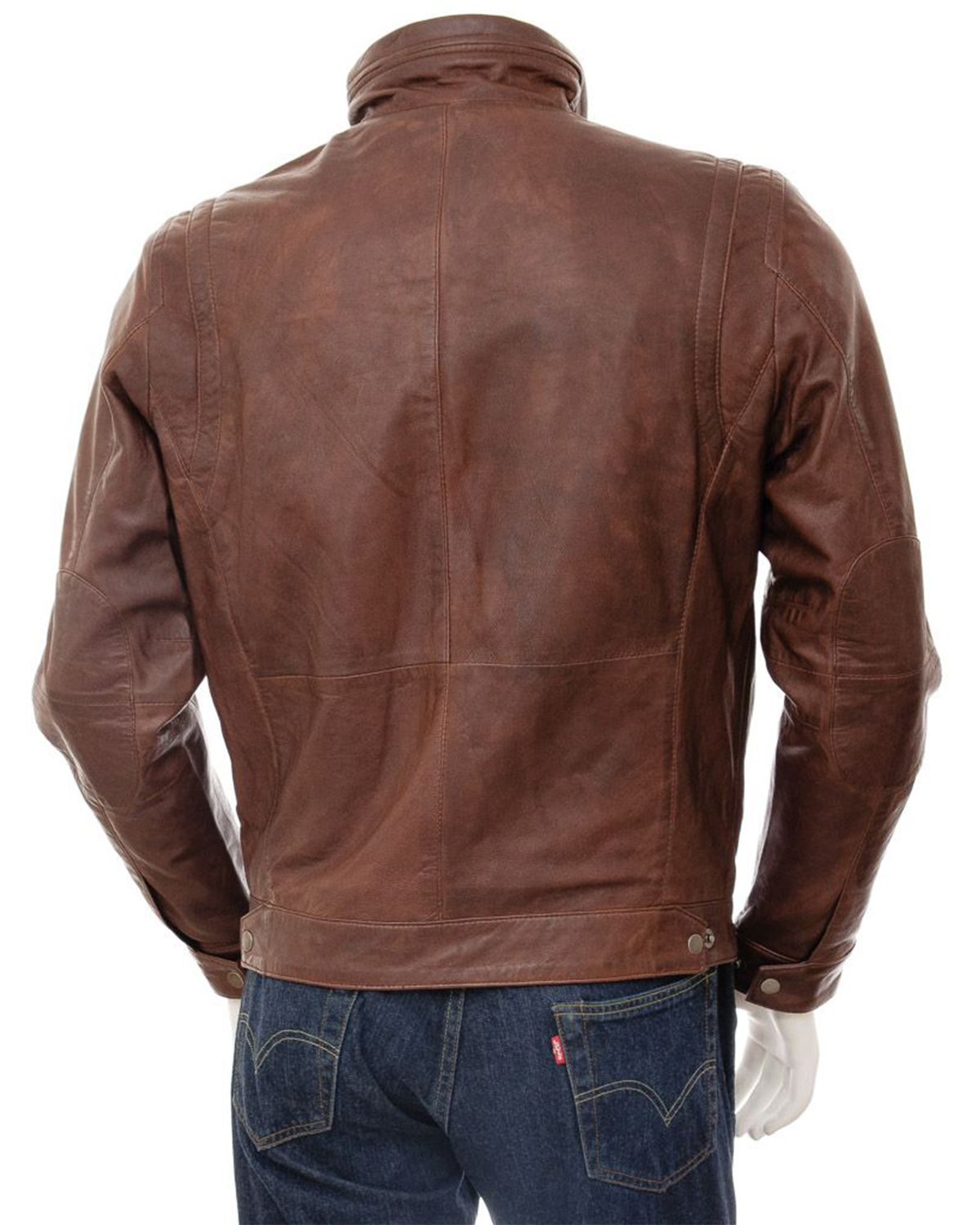 Mens Brown High Funnel Neck Collar Biker Real Leather Jacket