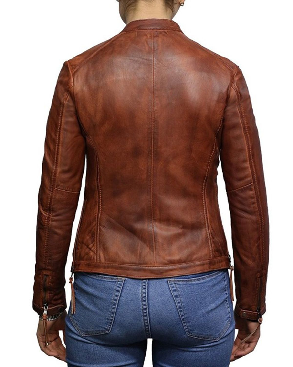 Womens Waxed Brown Biker Real Sheepskin Leather Jacket