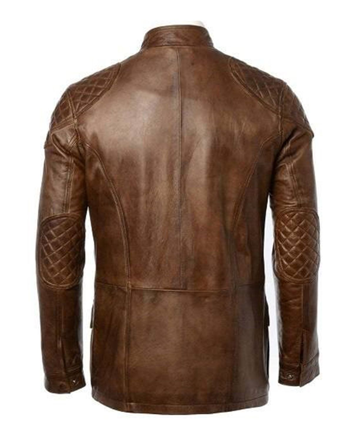 Mens Four Pocket Cafe Racer Long Hip Length Leather Jacket