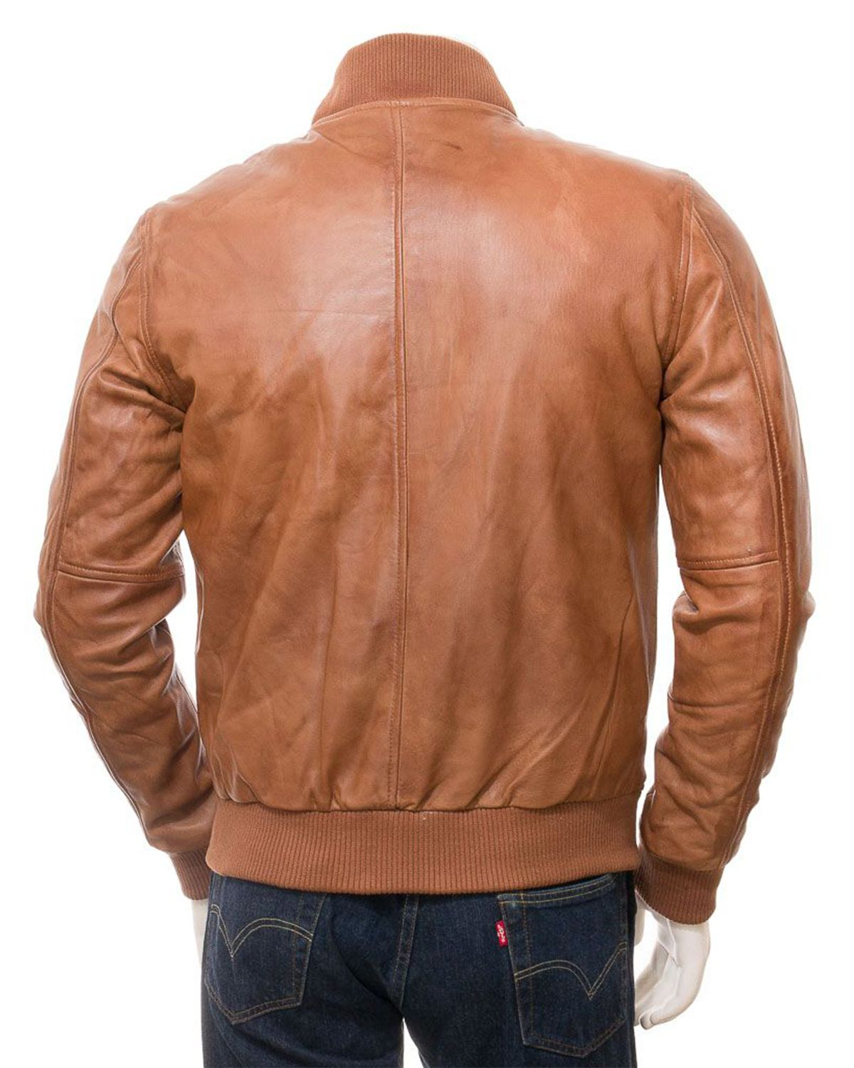 Mens Ribbed Cuffs Tan Brown Bomber Real Leather Jacket