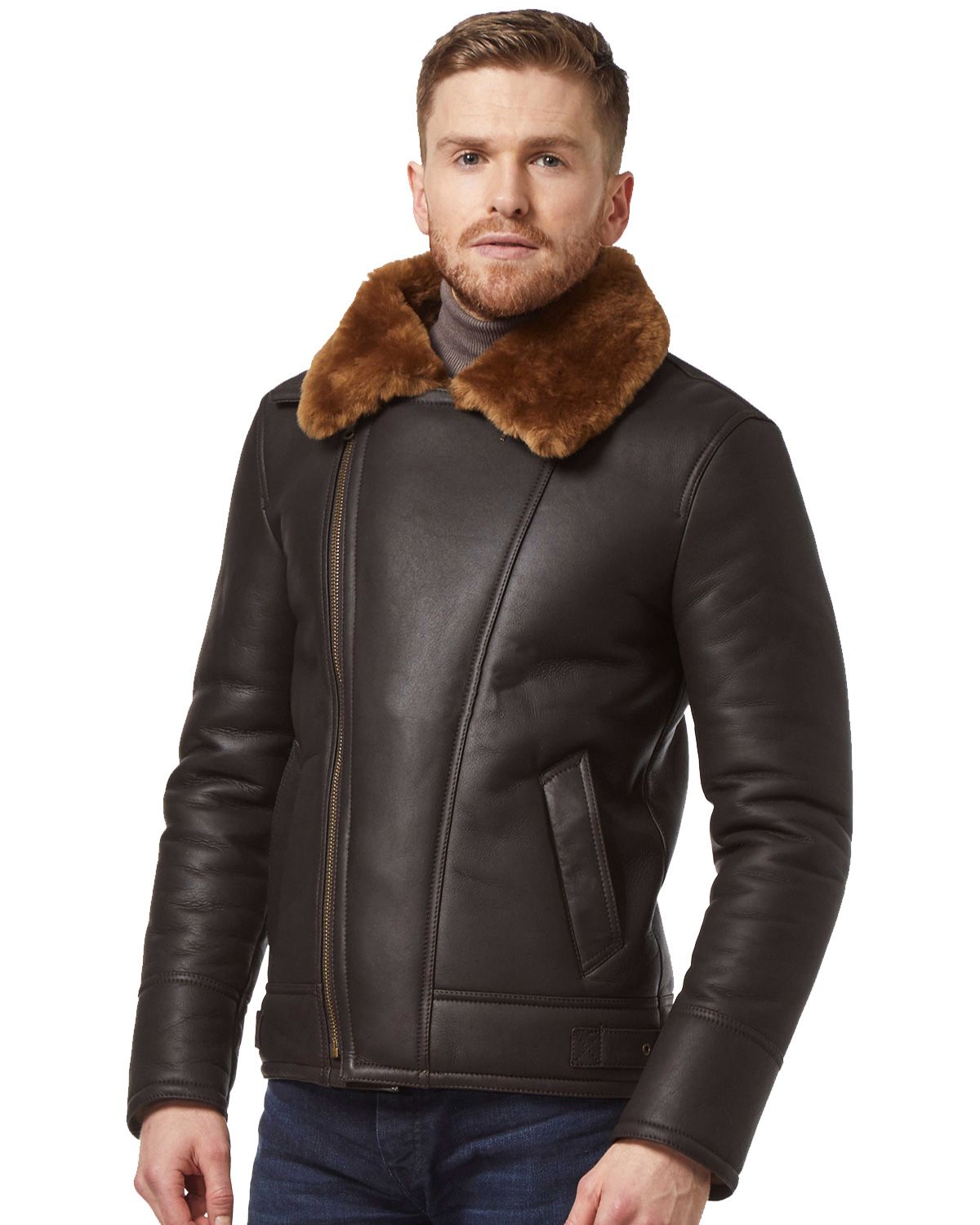 Mens Brown Ginger Aviator Bomber Cross Zipper Leather Jacket