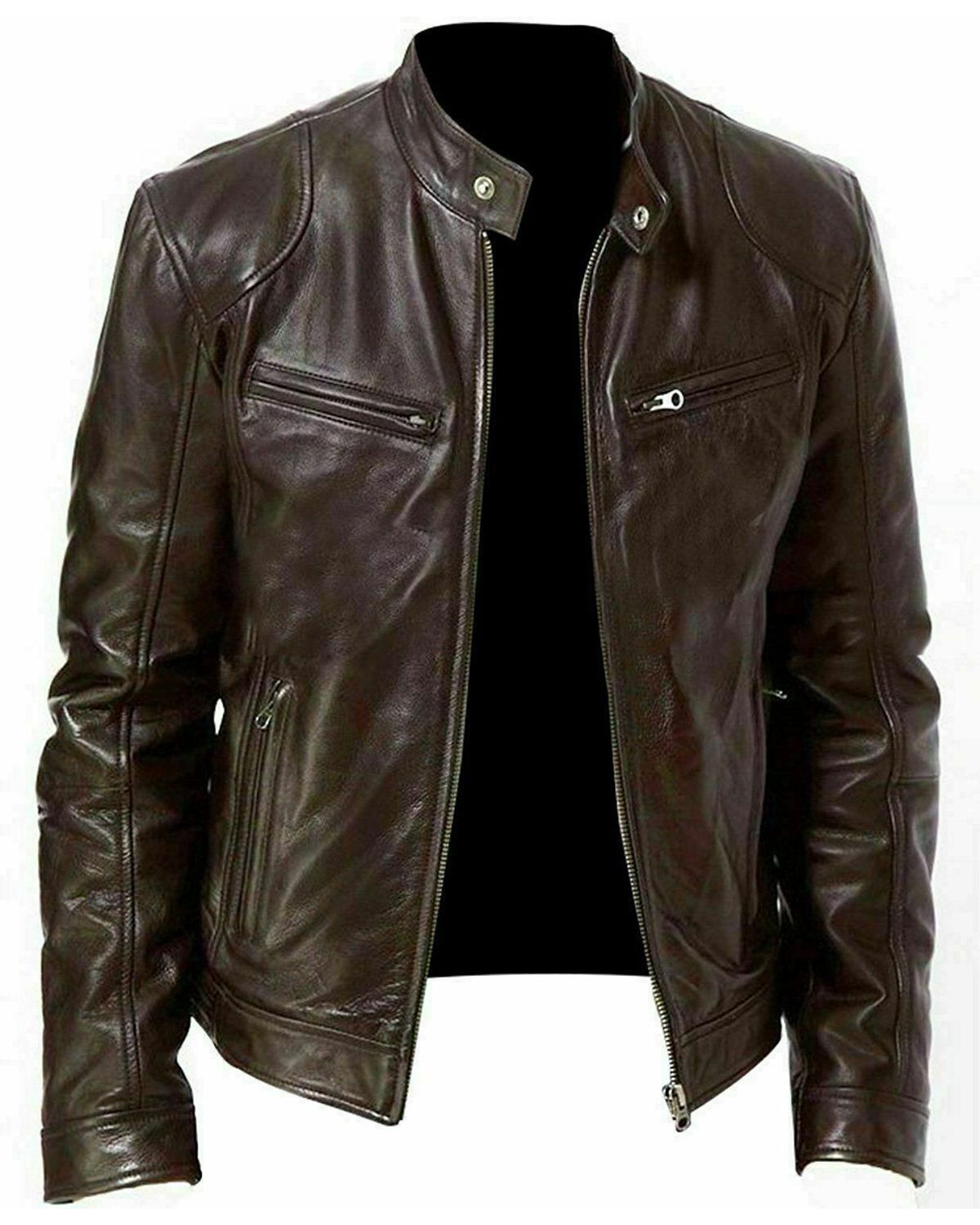 Mens Sword Cafe Racer Biker Real Sheepskin Leather Jacket