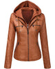 Womens Removable Hood Slim Fit Biker Real Leather Jacket