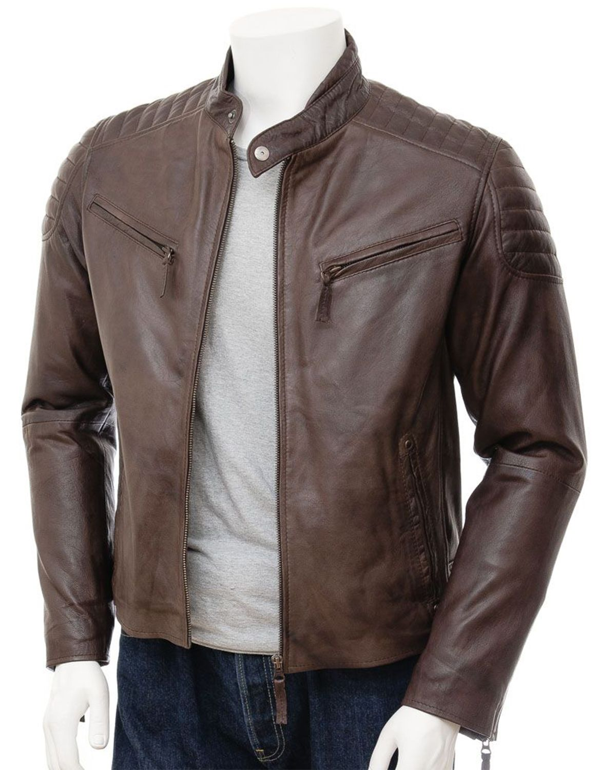 Mens Quilted Shoulder Classic Cafe Racer Motorcycle Jacket