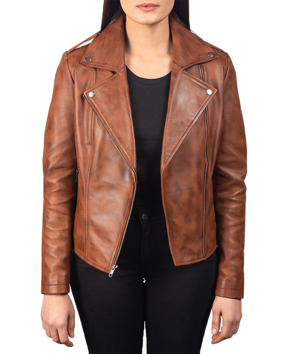 Womens Notch Collar Stylish Biker Leather Jacket