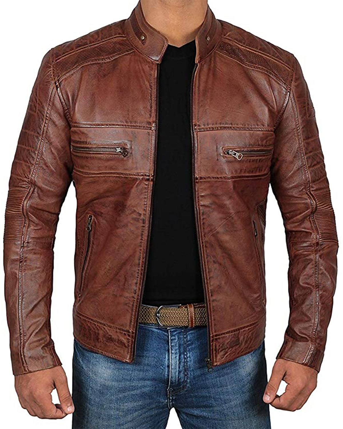Mens Classic Cafe Racer Motorcycle Real Leather Jacket