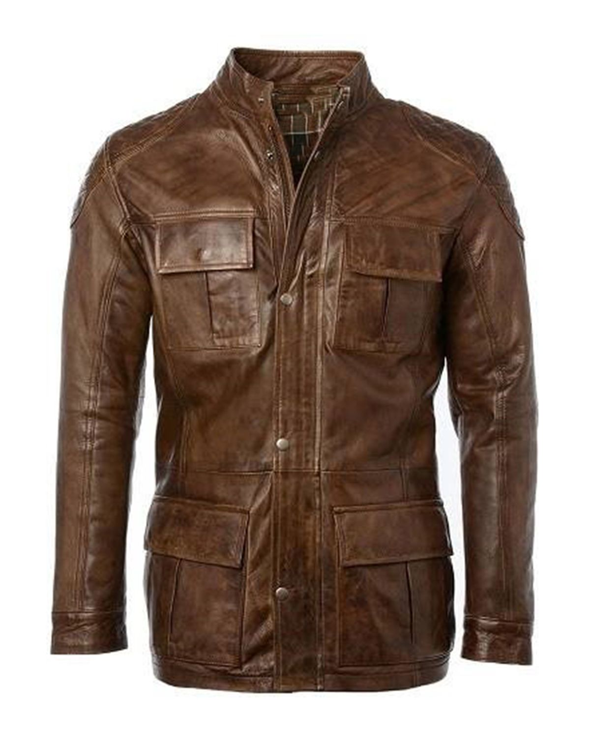Mens Four Pocket Cafe Racer Long Hip Length Leather Jacket