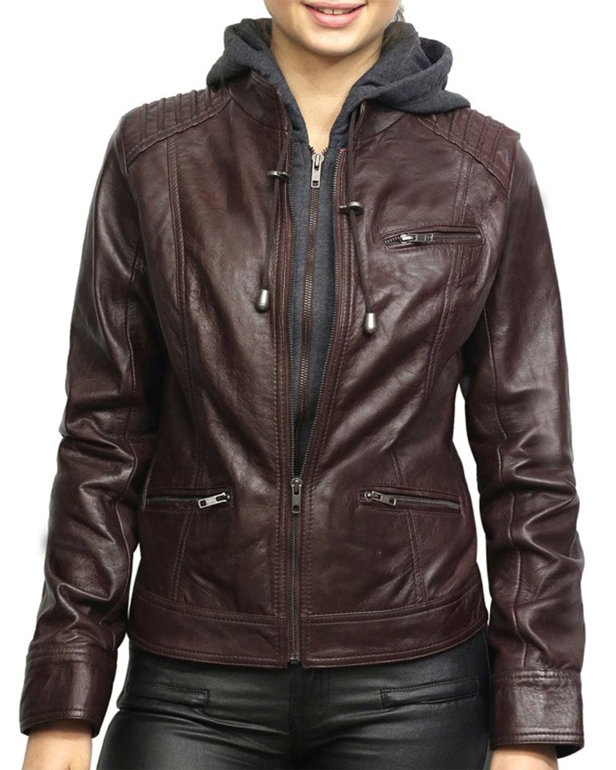 Womens Short Hooded Leather Biker Jacket