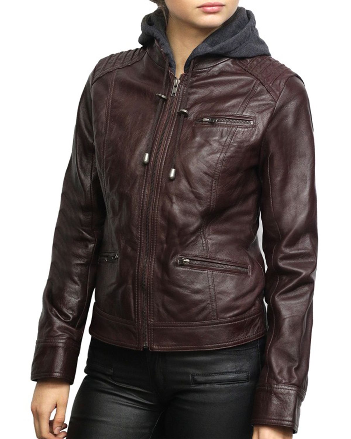 Womens Short Hooded Leather Biker Jacket