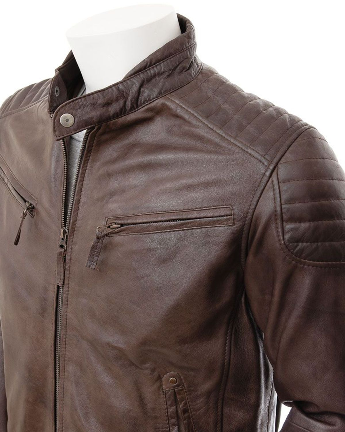 Mens Quilted Shoulder Classic Cafe Racer Motorcycle Jacket