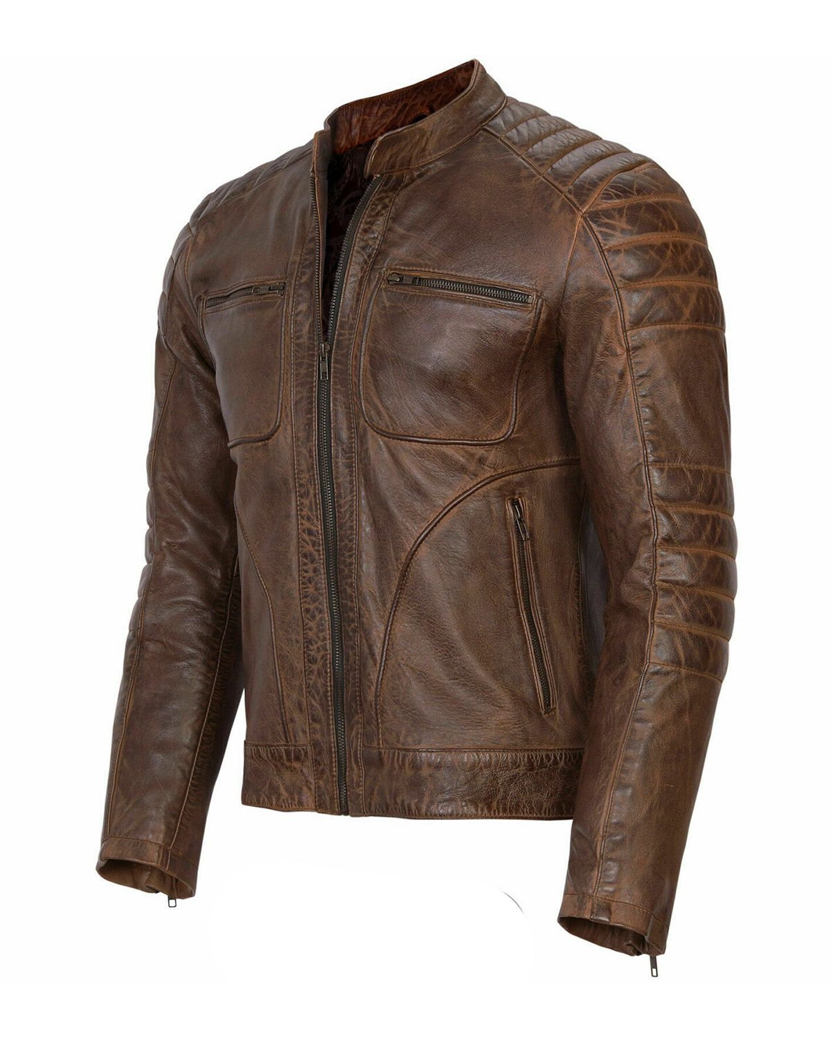 Mens Vintage Brown Cafe Racer Leather Jacket