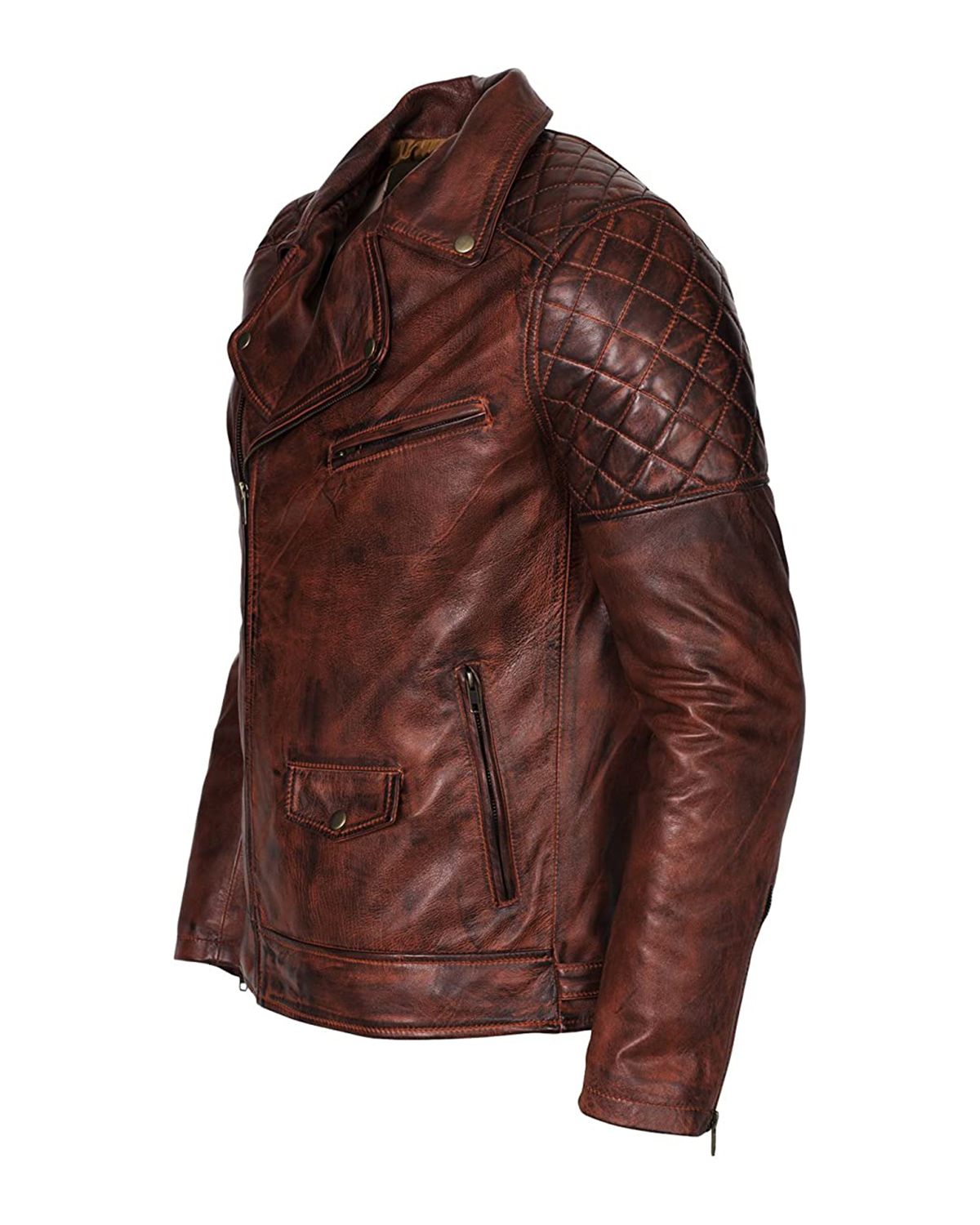 Mens Distressed Brown Brando Biker Genuine Sheepskin Leather Jacket