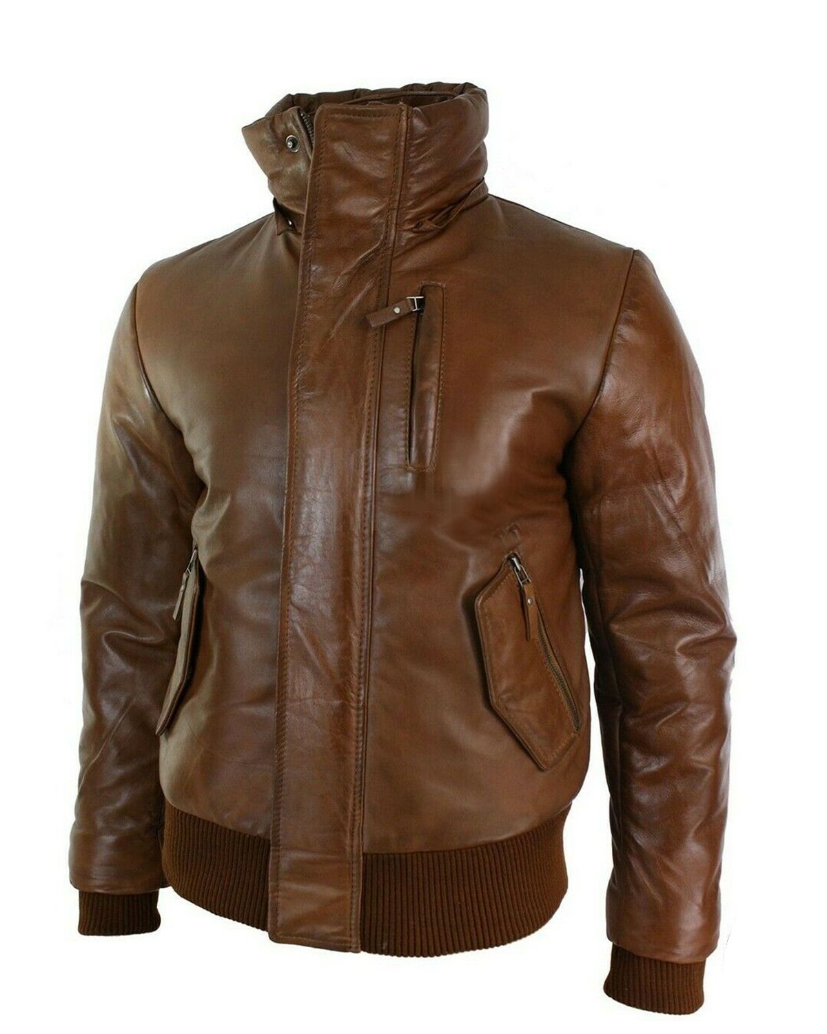 Mens Puffer Hooded Bomber Leather Jacket