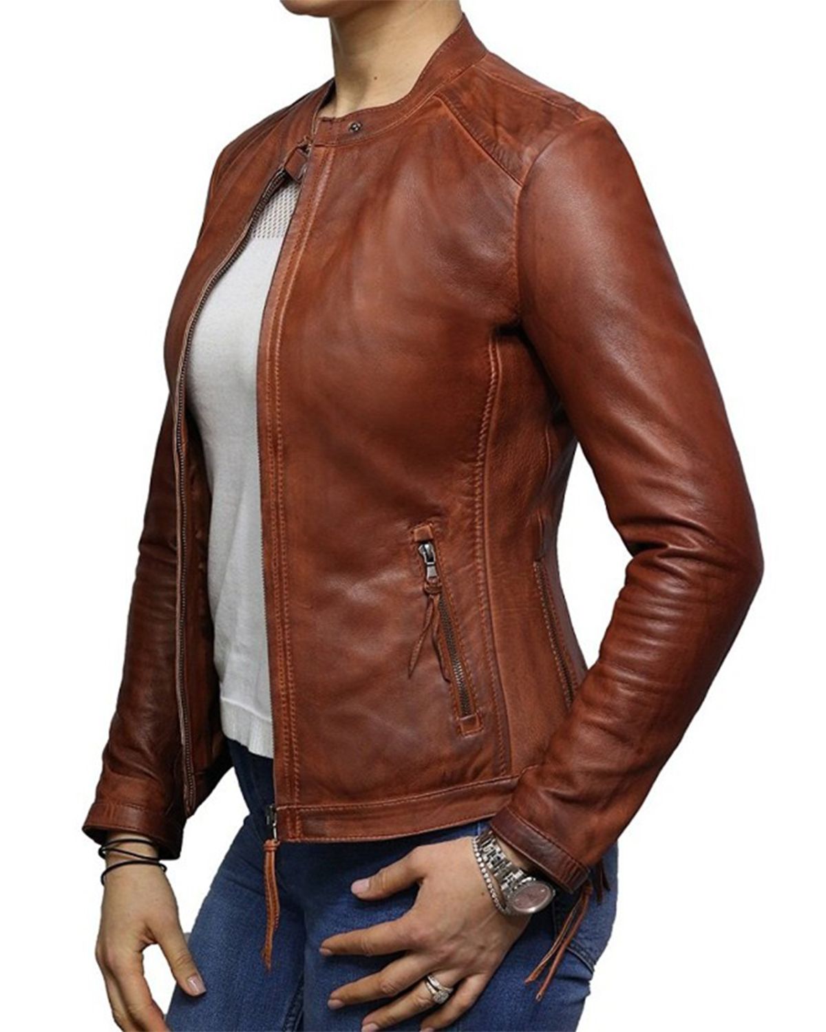 Womens Waxed Brown Biker Real Sheepskin Leather Jacket