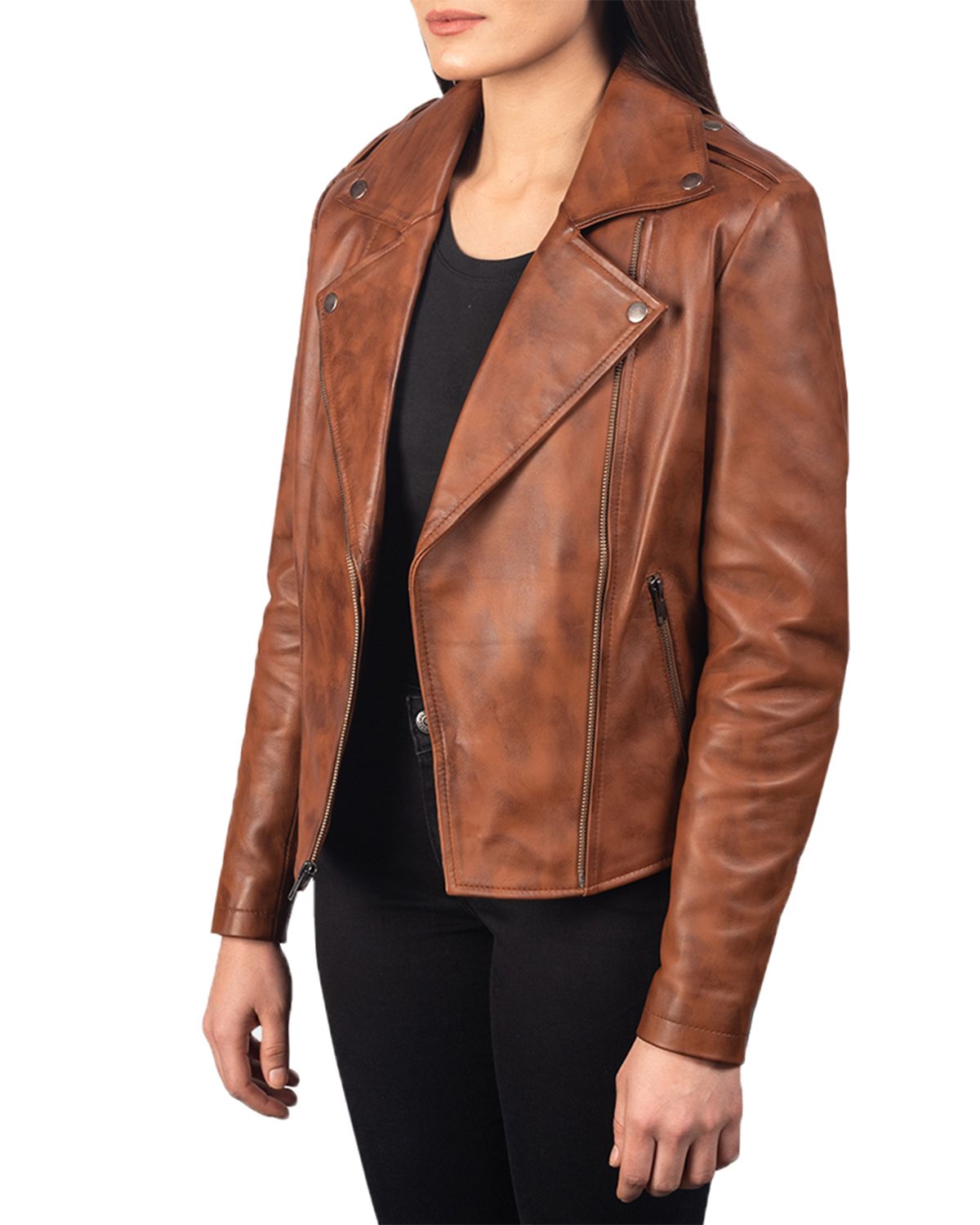 Womens Notch Collar Stylish Biker Leather Jacket